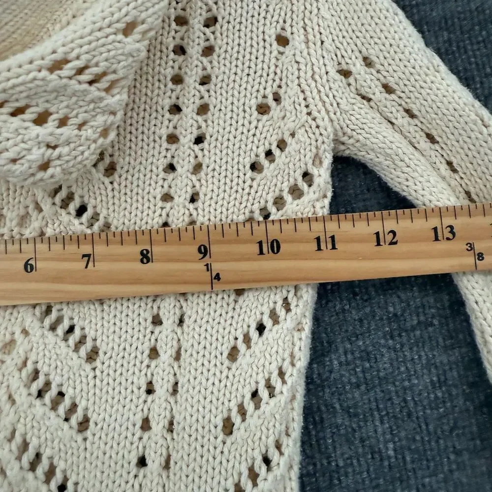 Vintage Old Navy Girls Chunky Open Knit Hooded Sweater Size S Cream Button Front